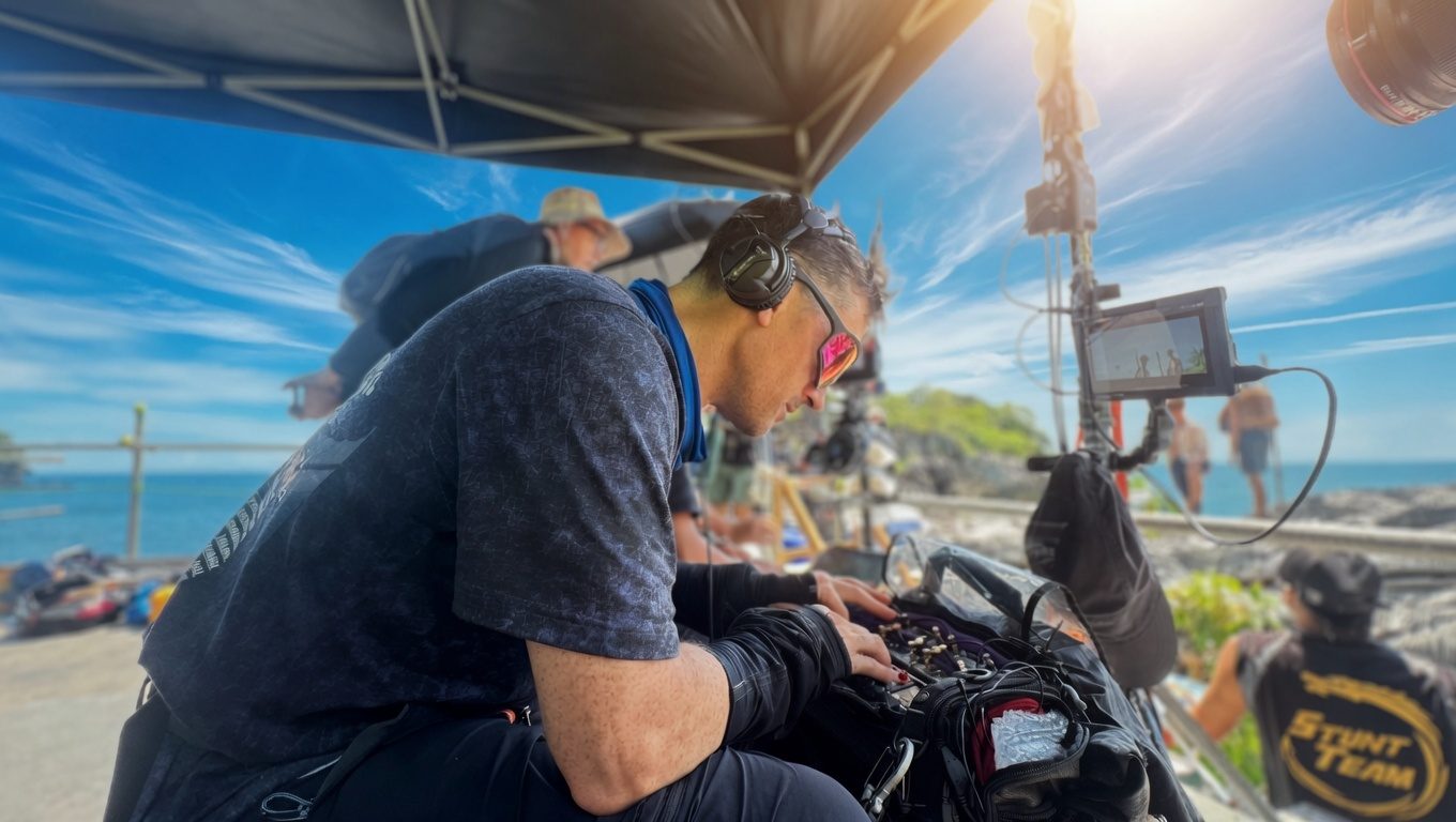 Ande Schurr mixing on location, coastal set, Southeast Asia